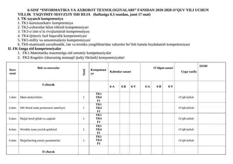 5-SINF “INFORMATIKA” FANIDAN 2019-2020 O’QUV YILI UCHUN YILLIK TAQVIMIY-MAVZUIY ISH REJA 4