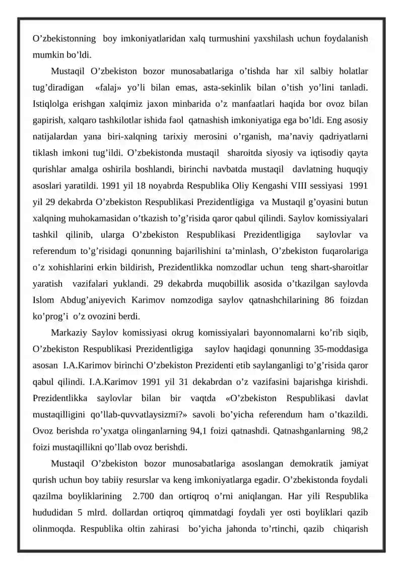 O’zbekistonda davlat mustaqilligining qo’lga kiritilishi va uning tarixiy ahamiyati. 4