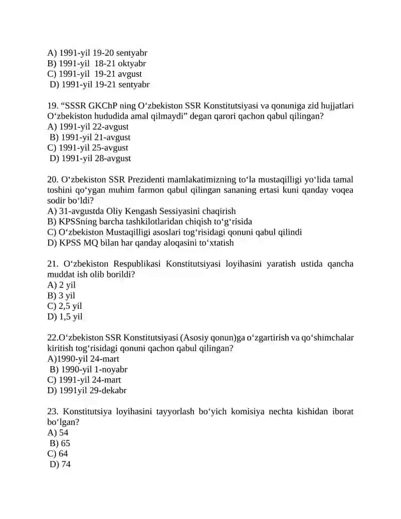 “Oʻzbekistonning eng yangi tarixi” oʻquv kursi boʻyicha test savollari 4