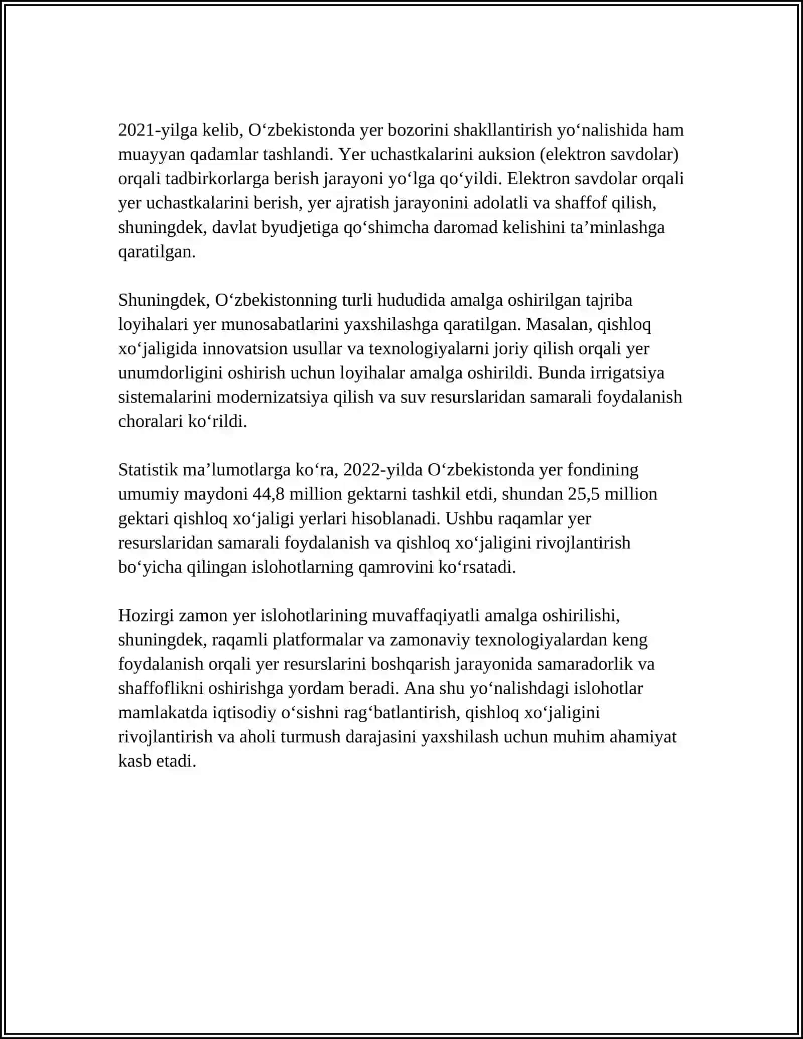 MUSTAQILLIK YILLARIDA QISHLOQ XO'JALIGIDA AMALGA OSHIRILGAN ISLOHATLAR 4