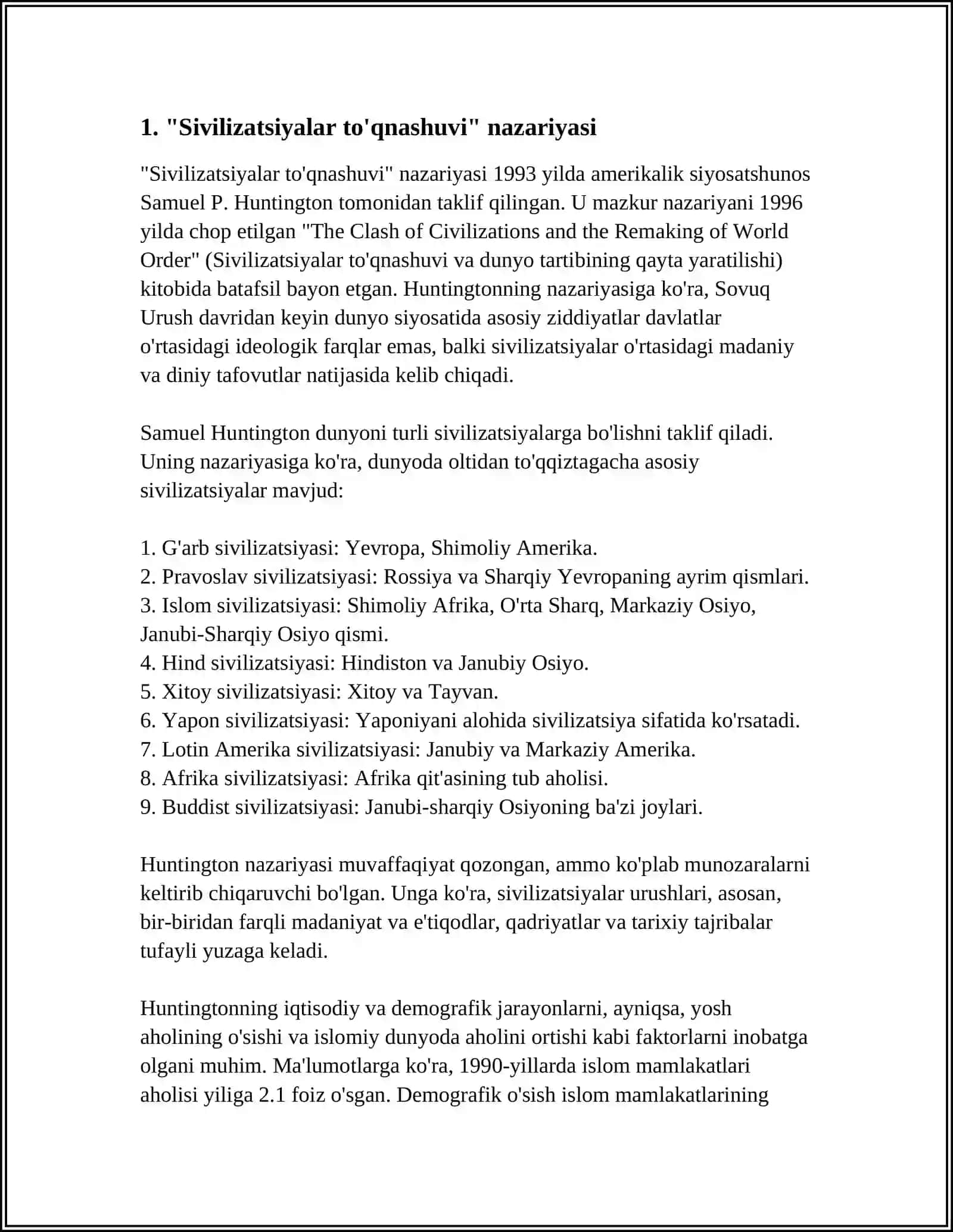 S.XANTINGTONNING "SIVILIZATSIYALAR TO'QNASHUVI" ASARINI O'QISH VA MOHIYATI BO'YICHA ESSE TAYYORLASH 4