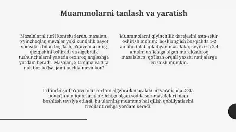 3-sinfda algebraik material bilan tanishtirish va muammo tartibi ta'lim elementlaridan foydalanish 4
