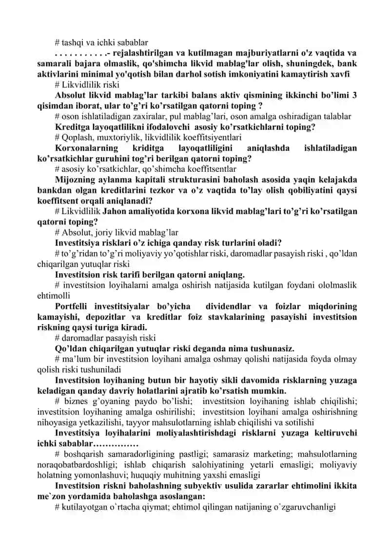 "Moliyaviy risklar" yakuniy nazorat uchun , javobi bilan 4