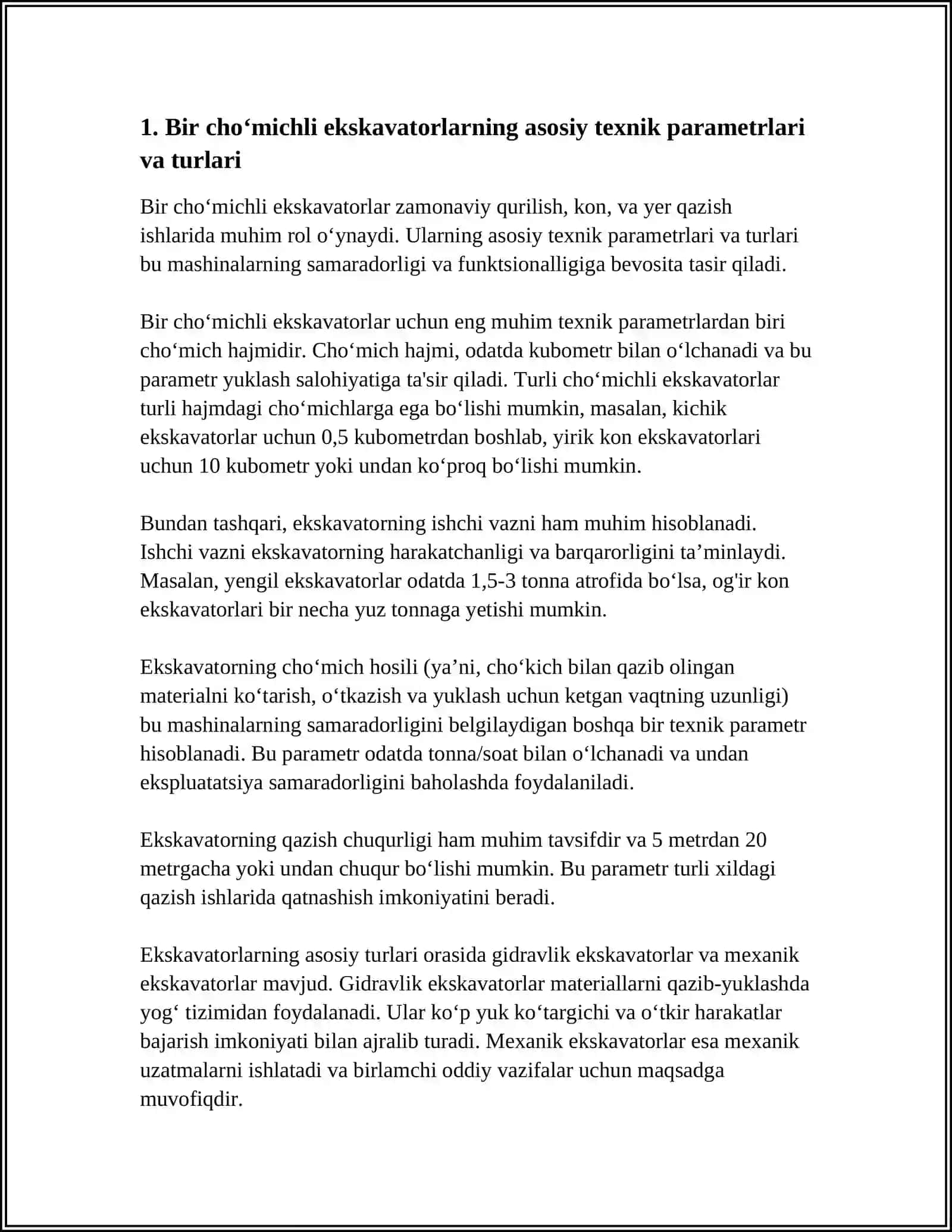 BIR CHOʻMICHLI EKSKAVATORLAR KAVJOYINING PARAMETRLARI VA KON MASSASINI QAZIB-YUKLASH TEXNOLOGIYASI 4