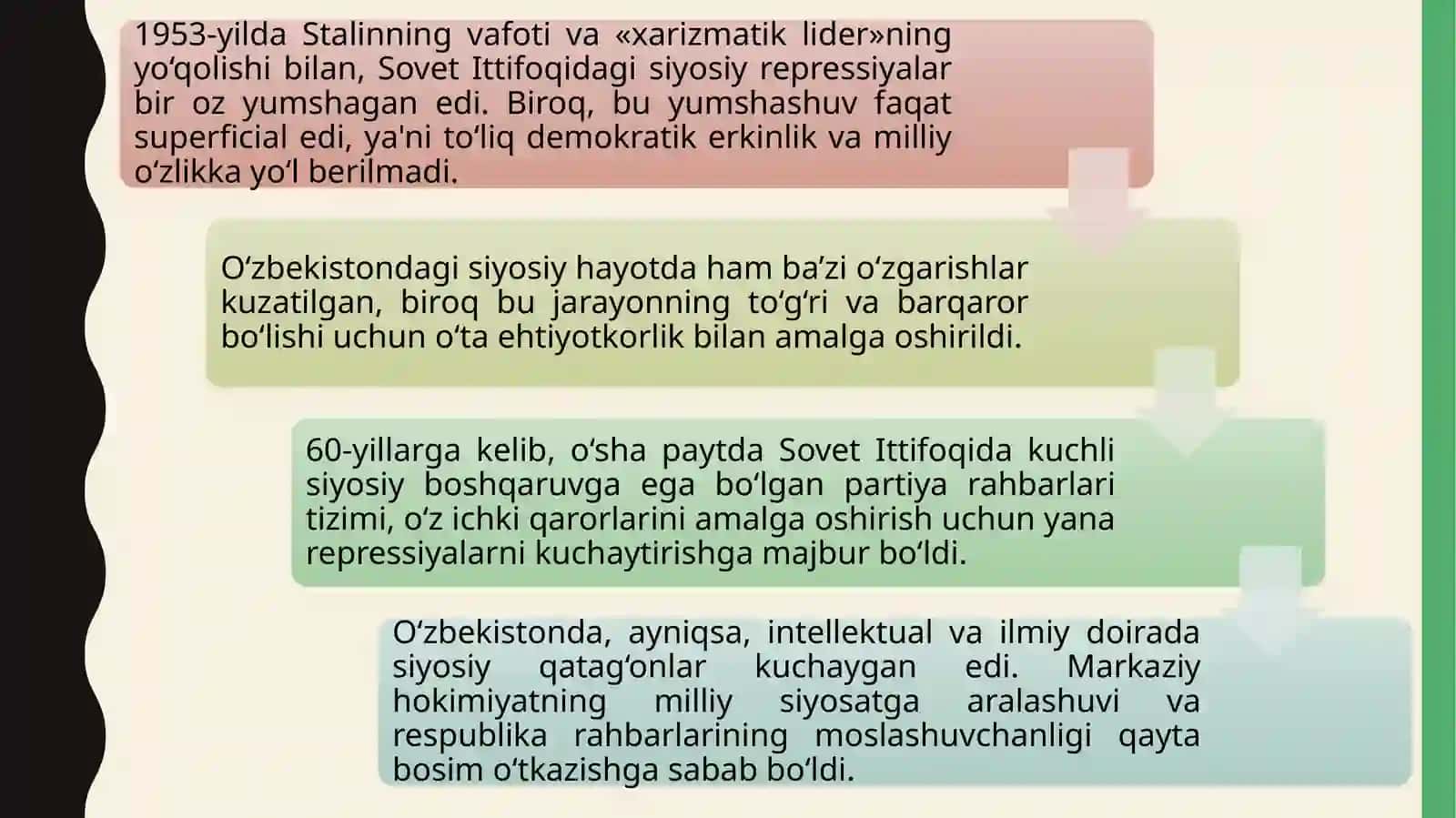 OʻZBEKISTONDA SIYOSIY QATAGʻONLARNING BOSHLANISHI VA ULARNING OQIBATLARI ( XX ASRNING 60-80-YILLARI) 4