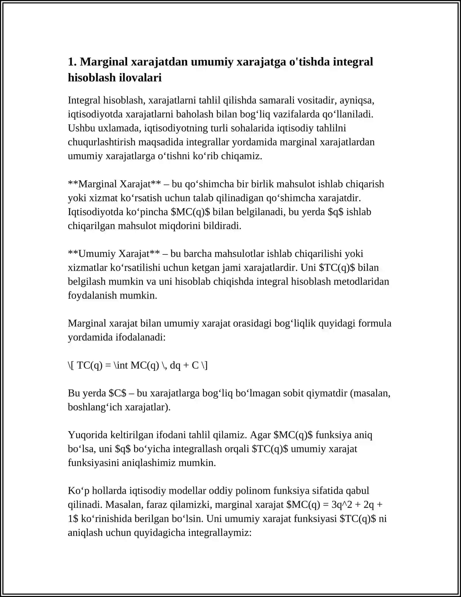 FOYA,HARAJAT VA BOSHQALAR IQTISODIY KOʻRSATGICHLAR TAHLILIDA INTEGRAL HISOBLASH TADBIQLARI 4