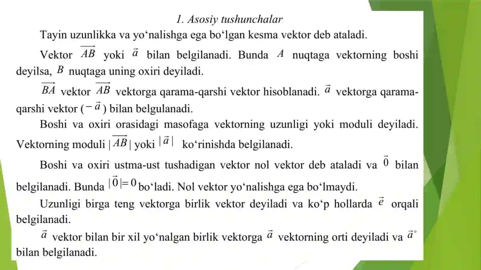 VEKTORLAR. VEKTORLAR USTIDA CHIZIQLI AMALLAR 4