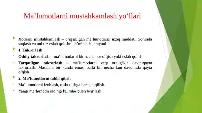 Xotira ma’lumotlarni mustahkamlash yo’llari usullari vositalari 4