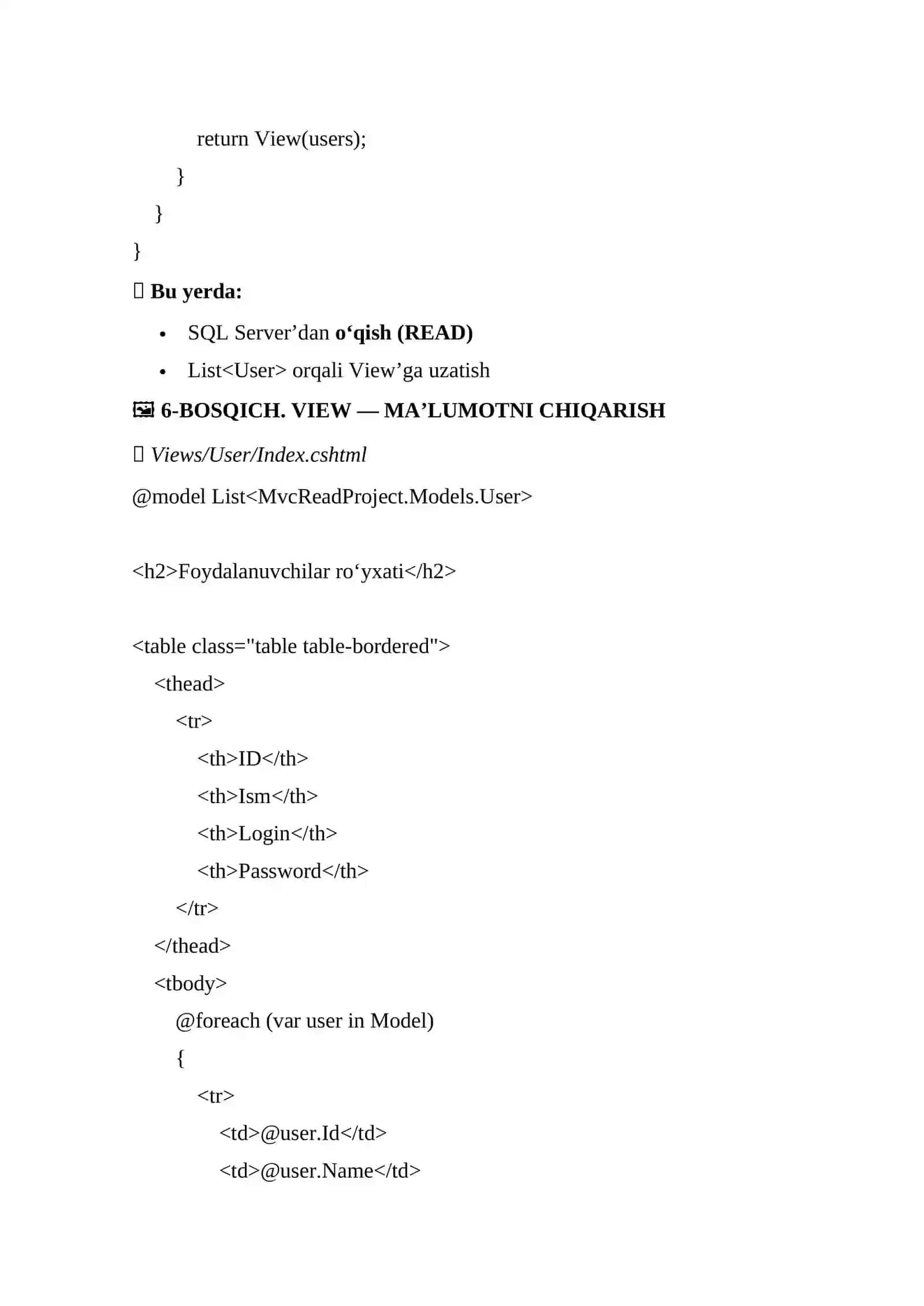ASP.NET MVC — MA’LUMOTLAR BAZASINI O‘QISH (READ) 4