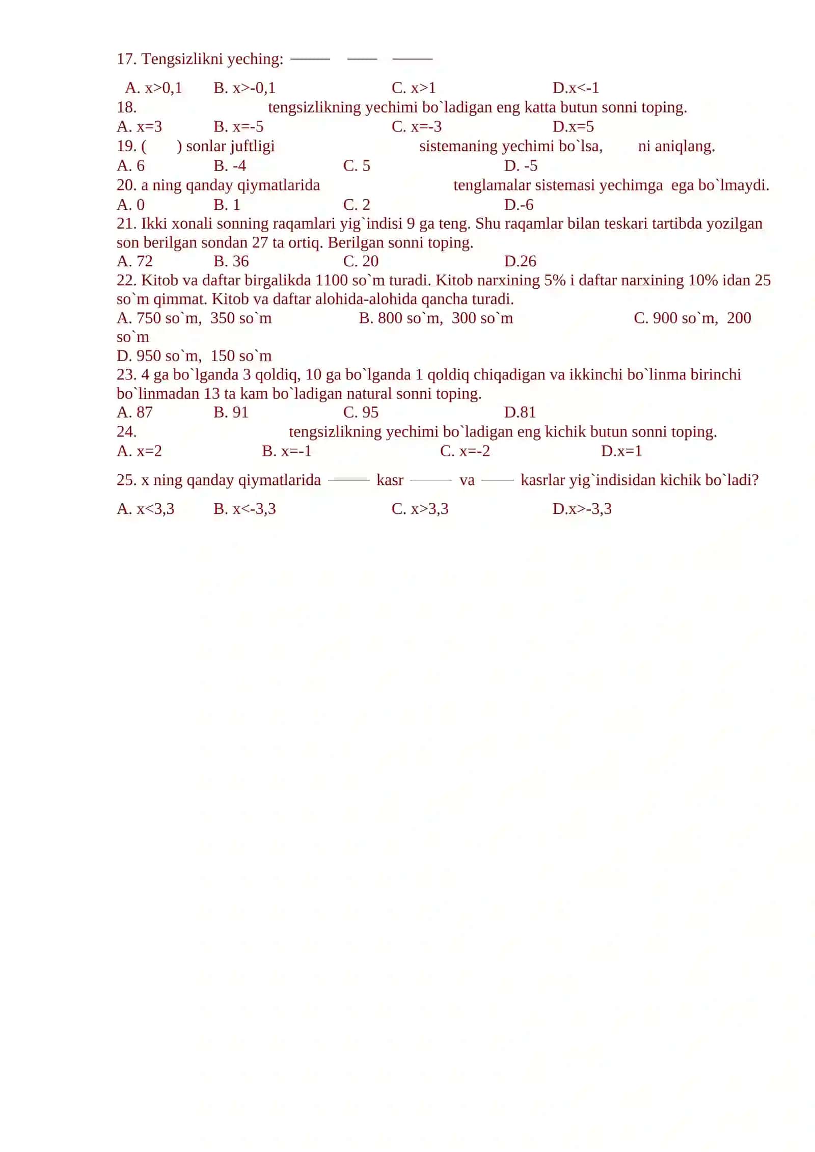 8-sinf matematika fanidan test savollari I – chorak, I-variant 4
