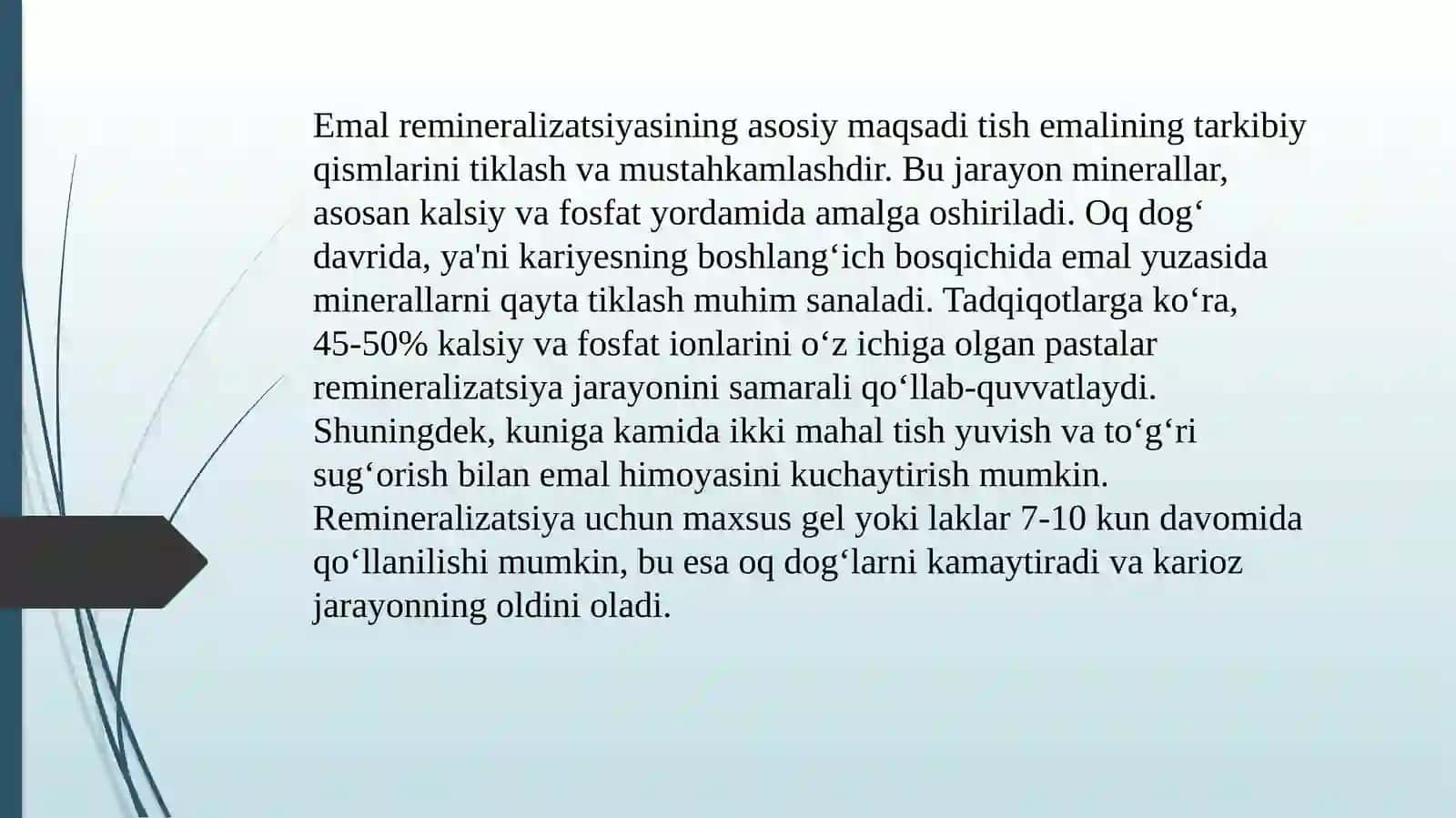 Boshlangʻich (oq dogʻ davri) va yuza kariesni (ekzogen) va (endogen) davolash usullari 4