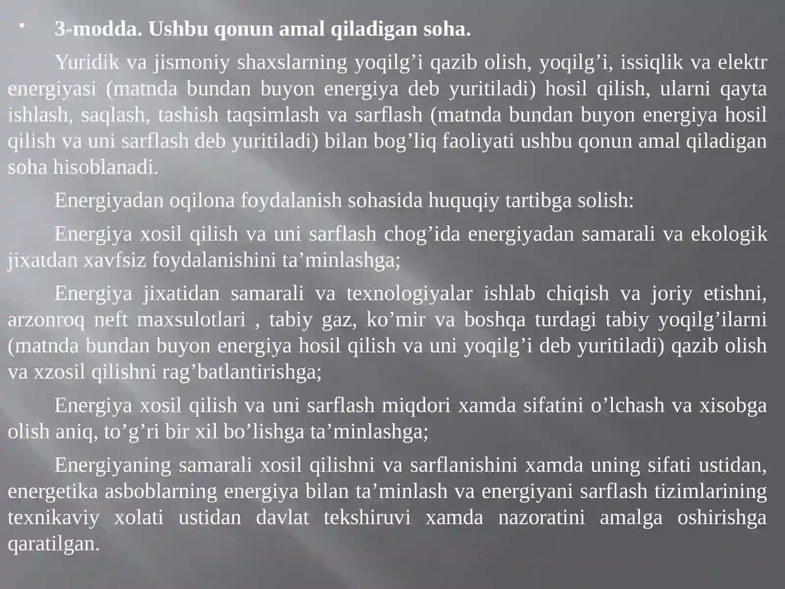 Energiya tejamkorligining O’zbekistondagi huquqiy asoslari. Asosiy qonunlar 4