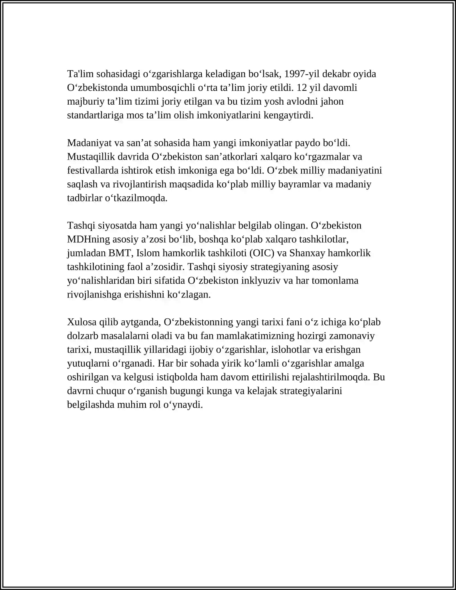 "O'ZIBEKISTONNING ENG YANGI TARIXI" O'QUV FANINING PREDMETI, MAQSADI VA VAZIFALARI 4