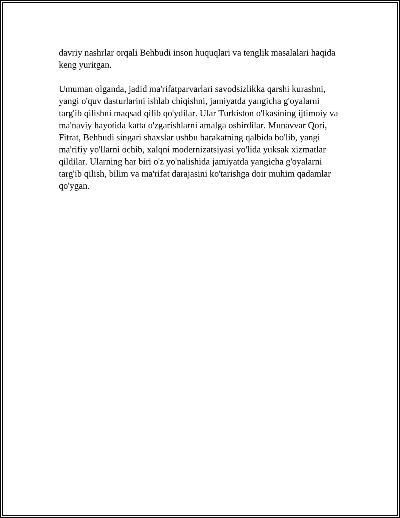 JADID MA'RIFATPARVARLARINING O'LKA IJTIMOIY MA'NAVIY HAYOTIDA TUTGAN O'RNI (MUNAVVAR QORI FITRAT BEHBUDIY AVLONIY VA BOSHQALAR) 4