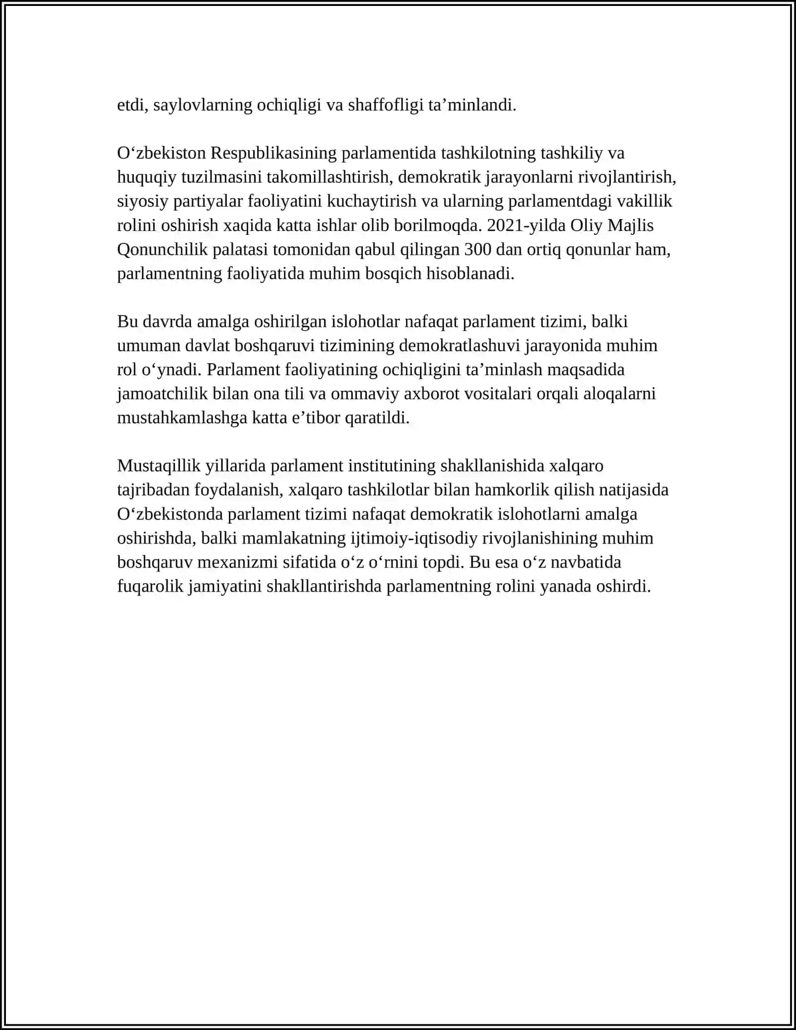 MUSTAQILLIK YILLARIDA OʻZBEKISTONDA PARLAMENT TIZIMIDAGI ISLOHOTLAR 4