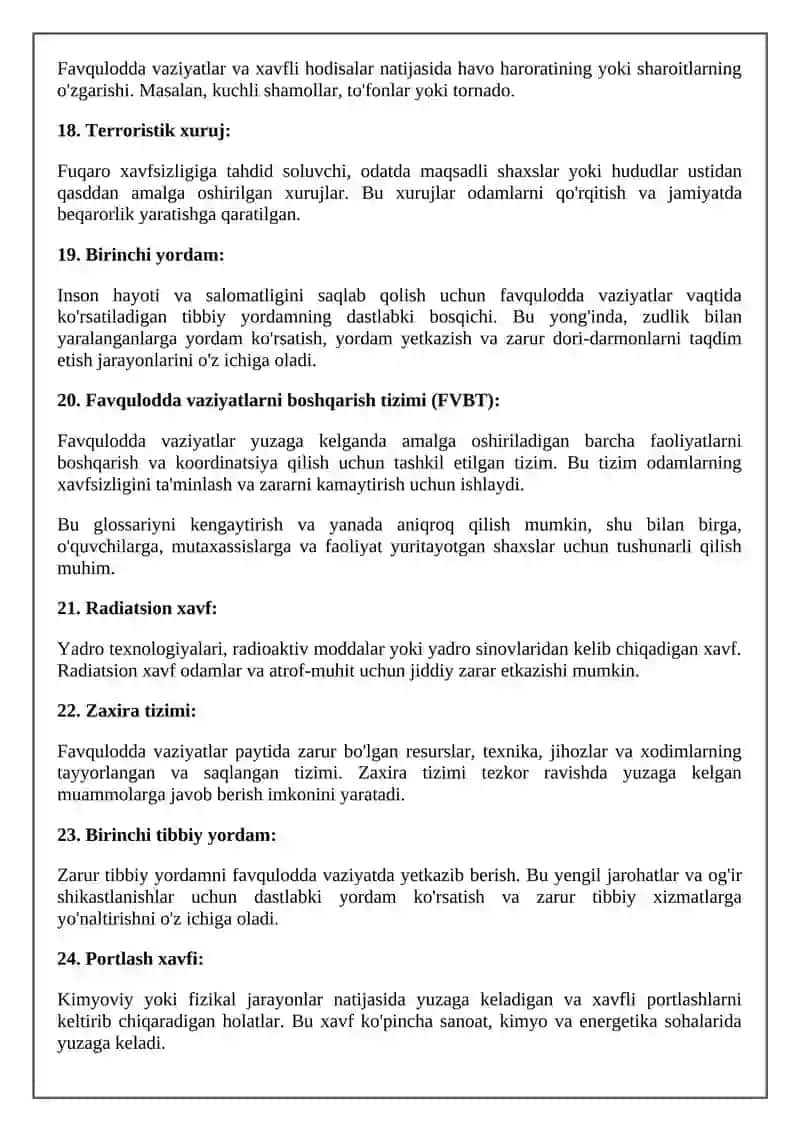 "FAVQULODDA VAZIYATLAR VA FUQORO MUXOFAZASI" FANIDAN GLAOSSARIYLAR 4