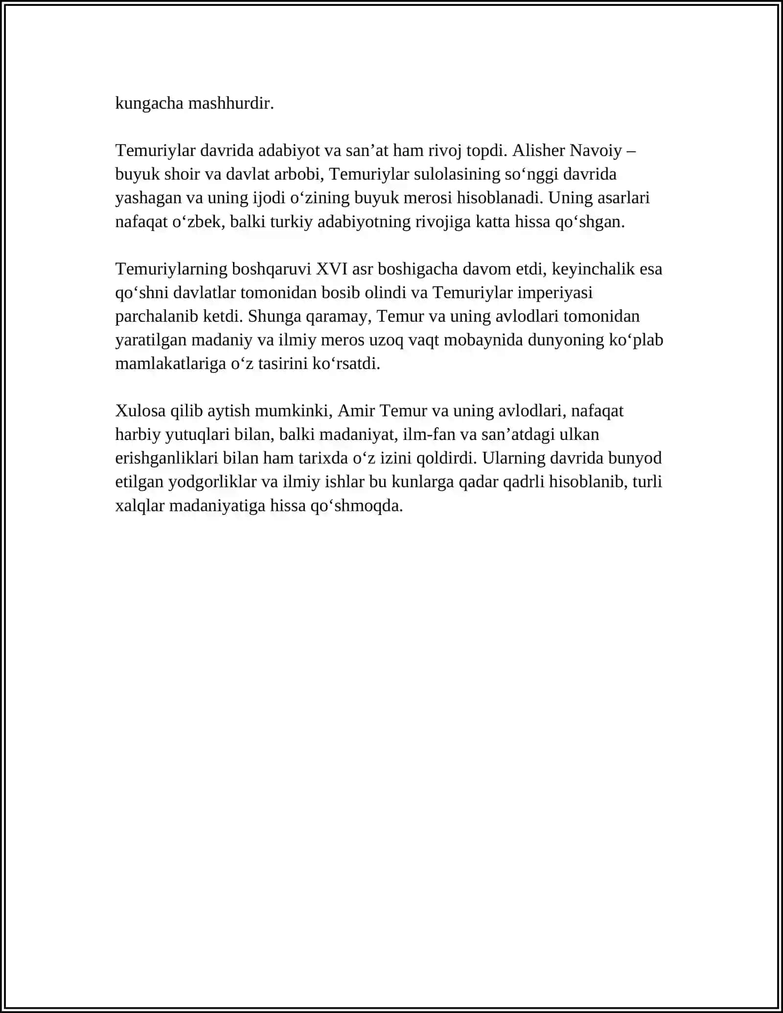 MIRZA MUHAMMAD IBN SHOHRUX IBN TEMUR ULLIBEK QO'RAG'ONIY - 1394-JIL 22-MART KÚNI HÁZIRGI AZERBAYDJAN AYMAǴINDAǴI SULTANIYA QALASINDA, ÁMIR TEMURDIŃ TÓRTINSHI BALASI SHOHRUX MIRZA SHAŃARAǴINDA DÚNYAǴA KELGEN 4
