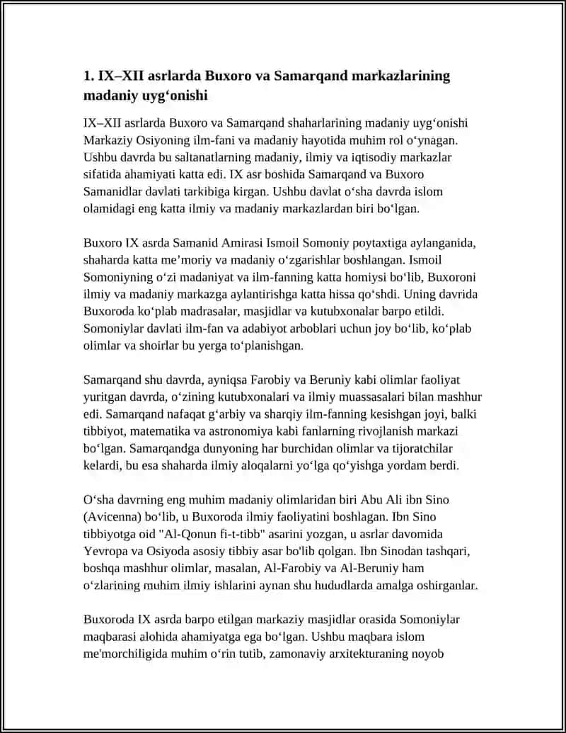 IX-XII ASRLARDA MAMLAKATIMIZ HUDUDIDA RO'Y BERGAN MADANIY UYG'ONISH (RENESSANS).BUYUK ALLOMALARNING JAHON SIVILIZATSIYASIGA QO'SHGAN HISSASI 4