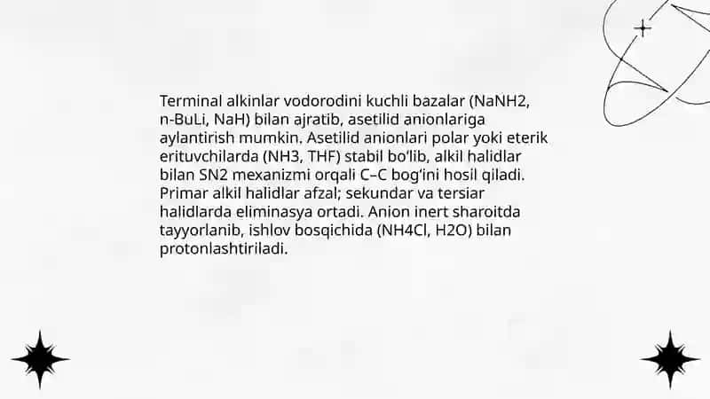 Alkinlarning olinish usullari, ularning di- va trimerlanish reaksiyalari 4