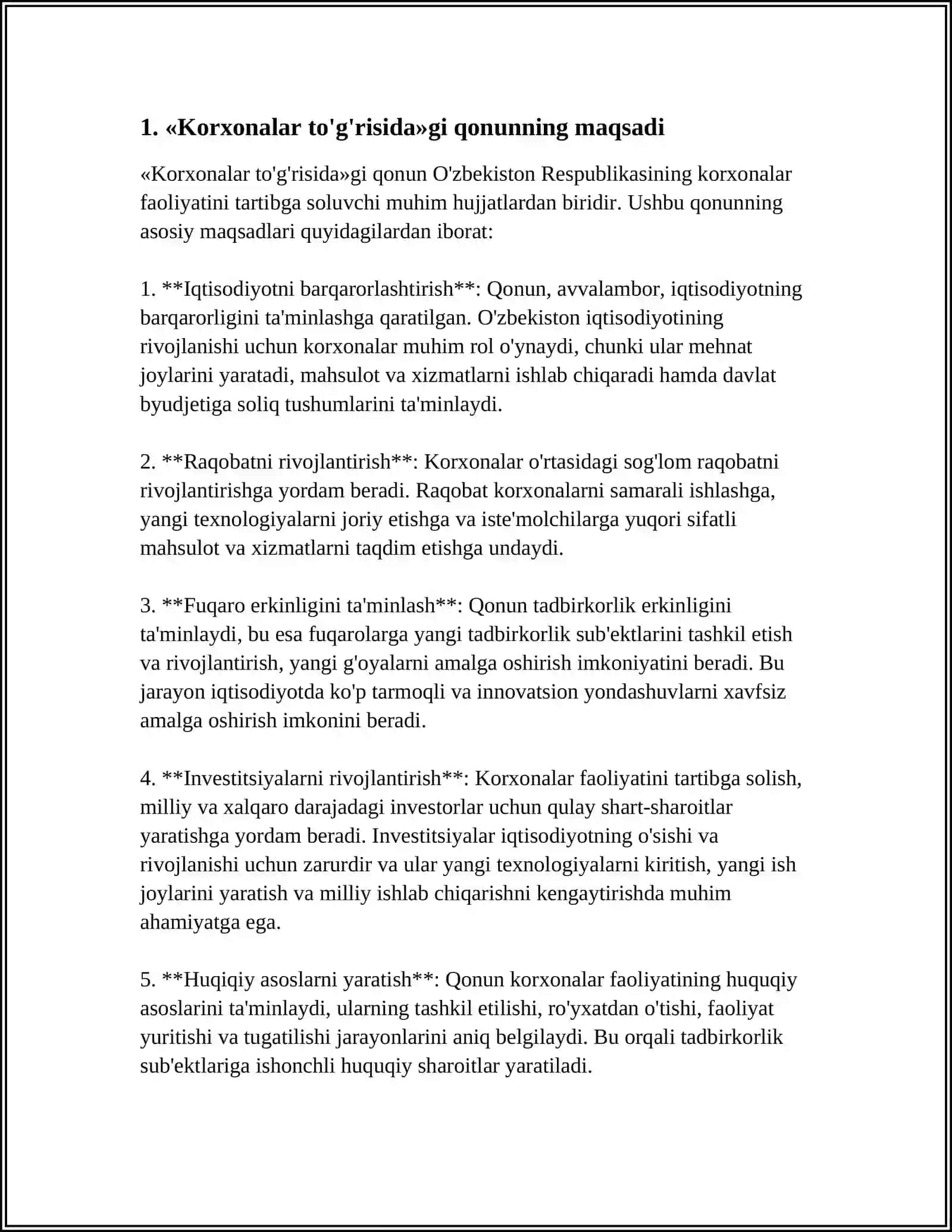 O`ZBEKISTON RESPUBLIKASI «KORXONALAR TO‘G‘RISIDA»GI QONUN, UNING MAZMUNI VA MOHIYATI 4