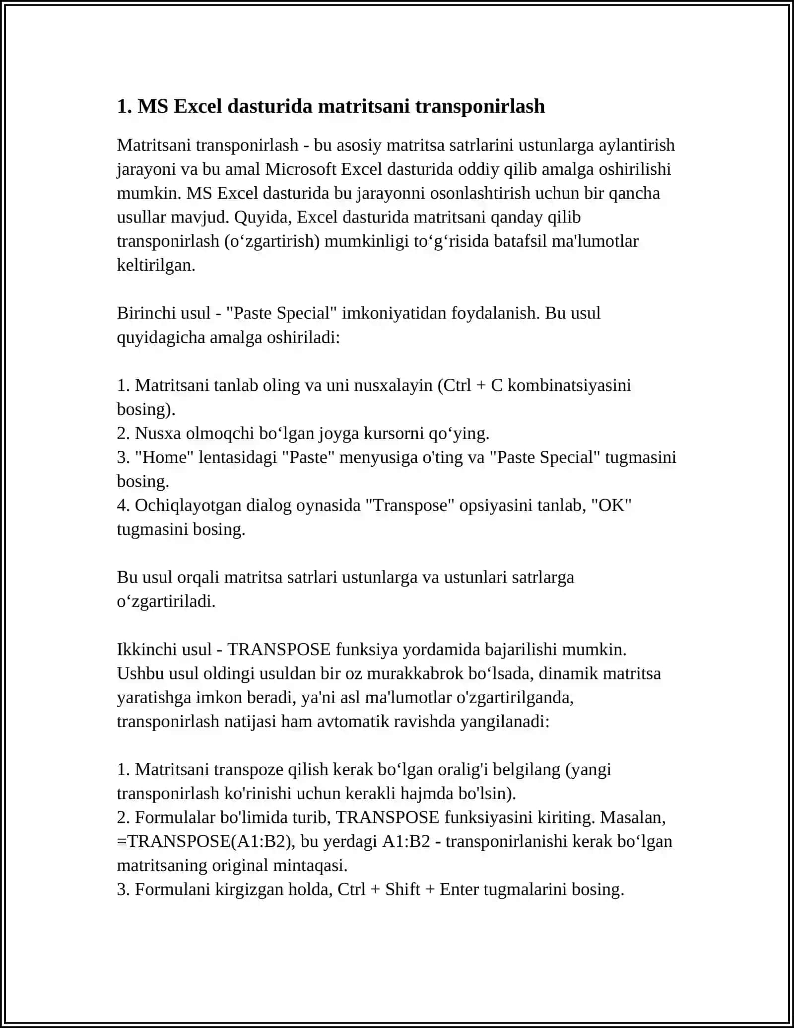 MS EXCEL DASTURIDA MATRITSANI TRANSPONIRLASH 4