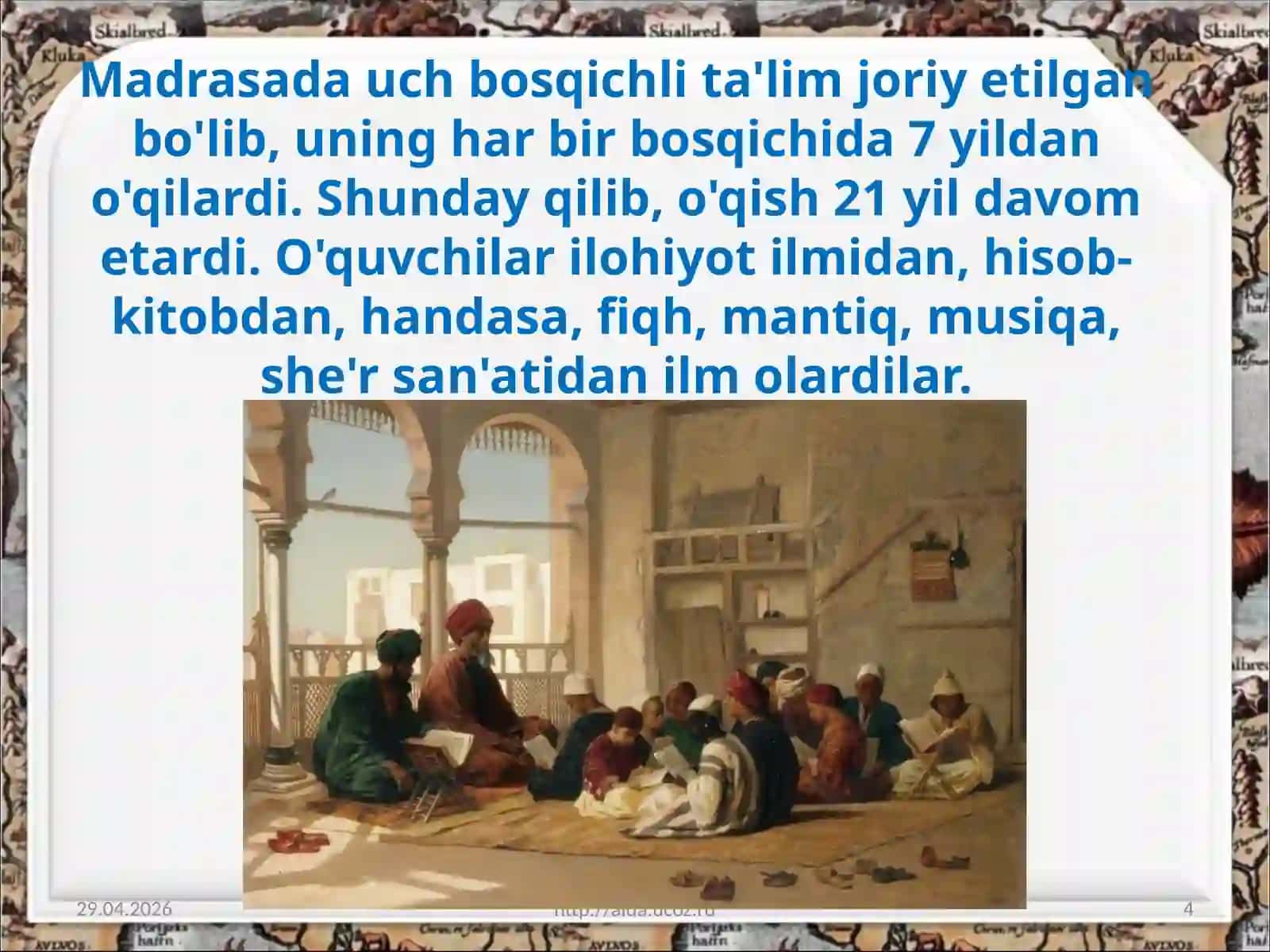 8-sinf O'zbekiston tarixi dars ishlanma. XVI asrda Buxoro xonligida madaniy hayot 4