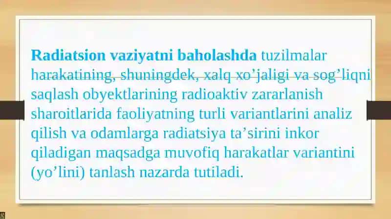 FAVQULOTDA VAZIYATNI BAHOLASH. RADIATSION HOLAT. RADIAKTIV ZARARLANISH MANBALARI. ZONALAR TAVSIFI 4