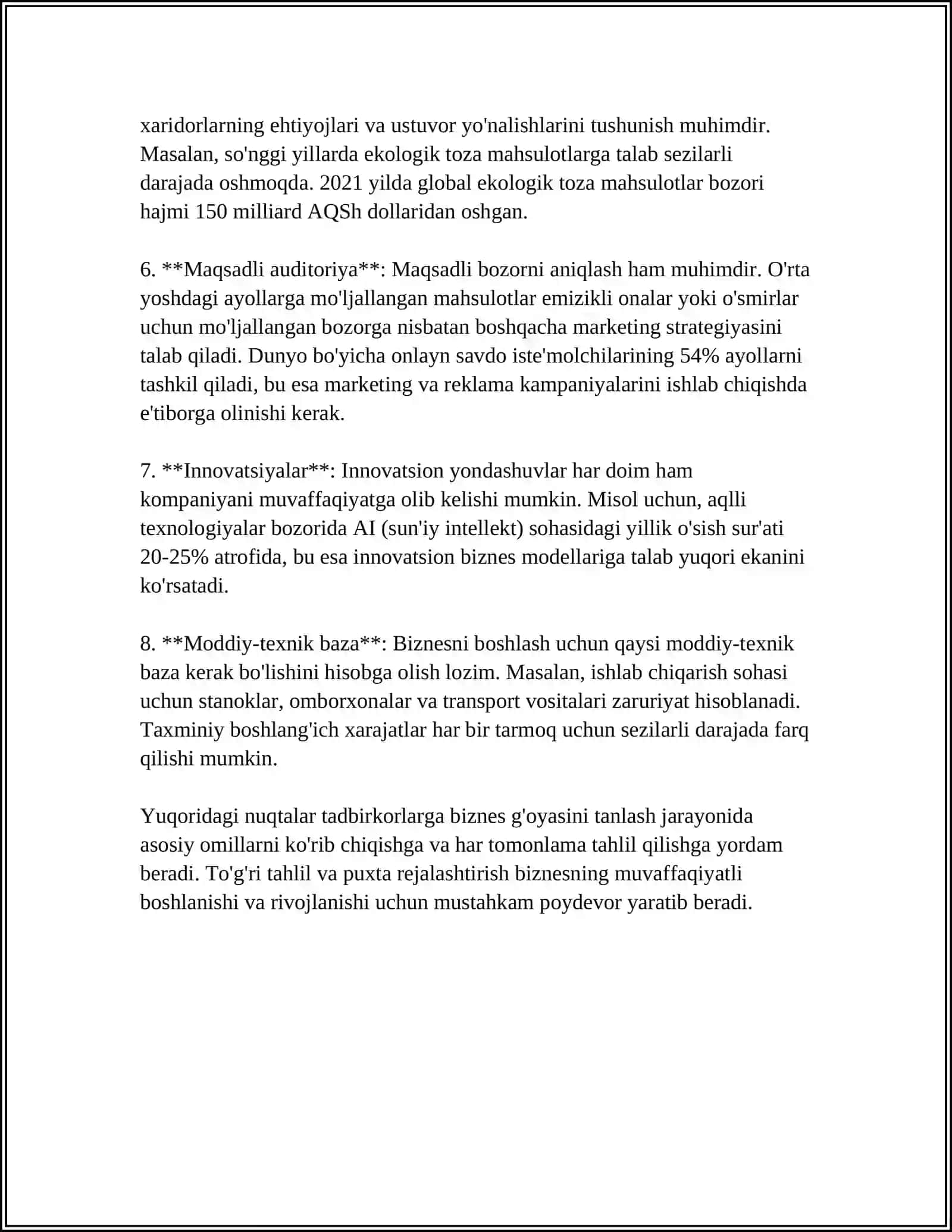 BIZNESNI TASHKIL ETISH BOSQICHLARI VA TEXNIK IQTISODIY ASOSLASH 4