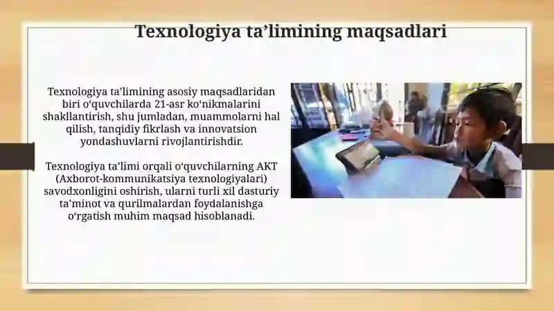 Texnologiya fanining maktab oʻquv rejadagi oʻrni 4