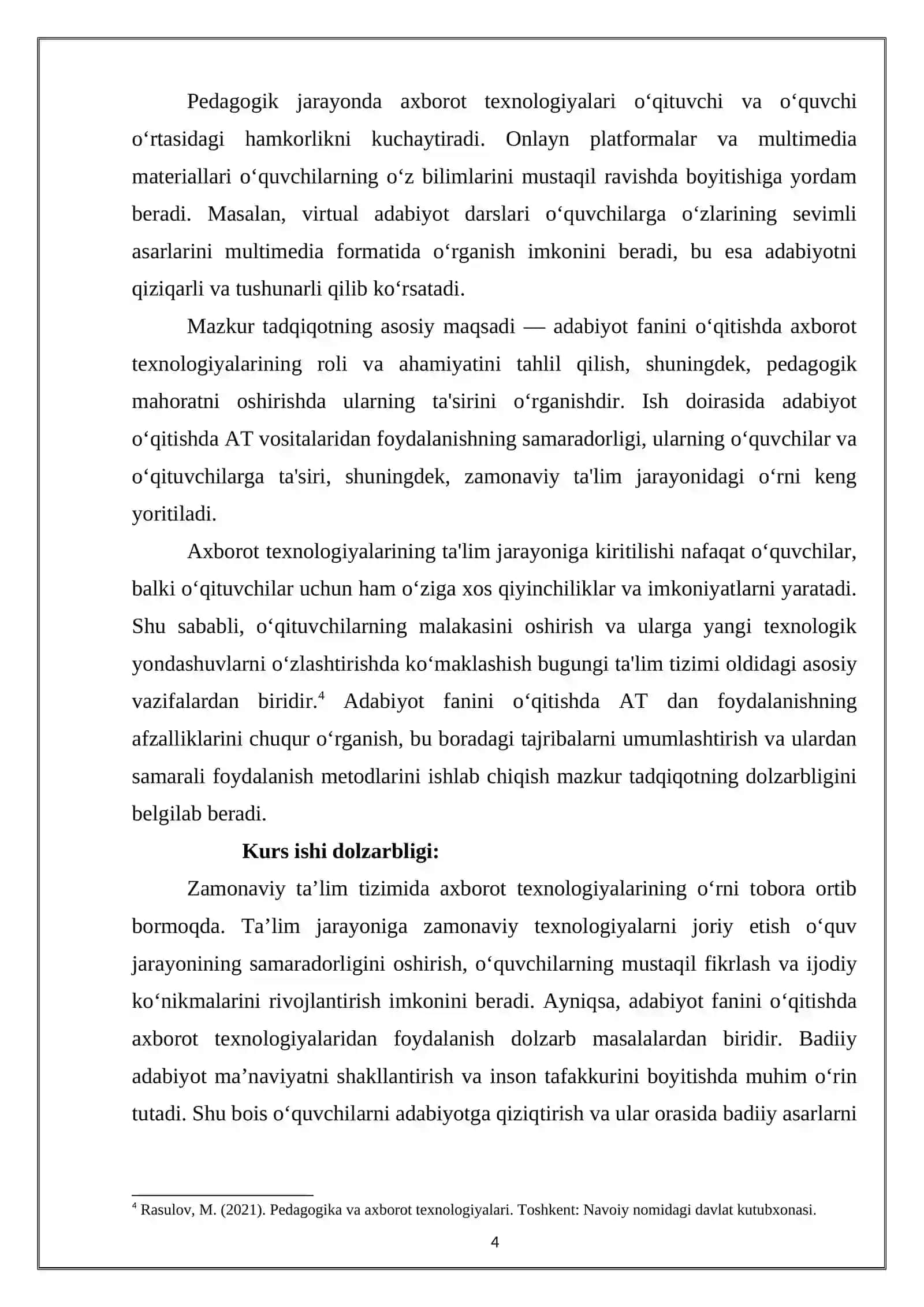 ADABIYOT FANINI OʻQITISHDA AXBOROT TEXNOLOGIYALARIDAN FOYDALANISH PEDAGOGIK MAHORATNI OSHIRISH OMILI MAVZUSIDA TAYYOR KURS ISHI 4