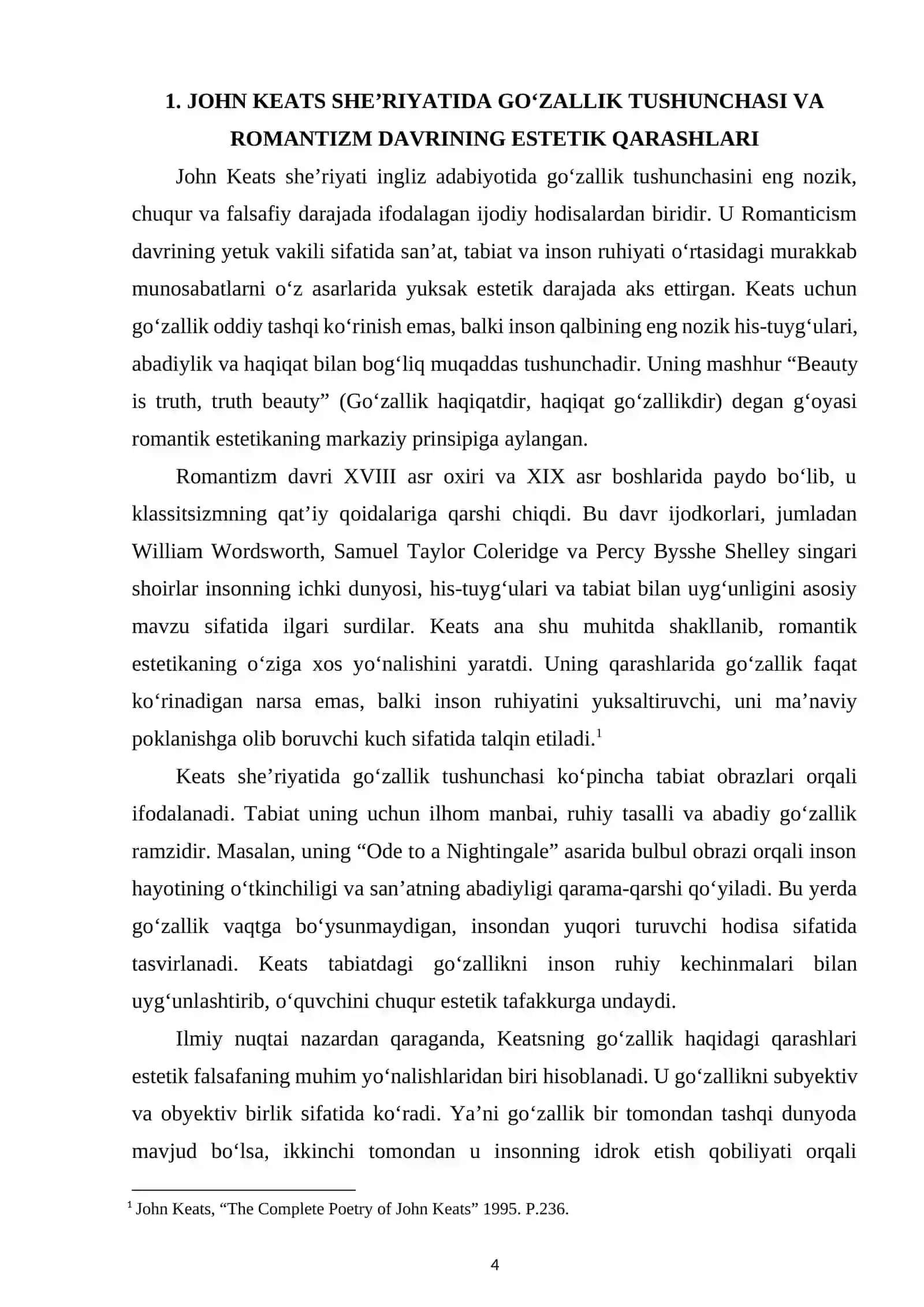 John Keats she'riyatida go'zallik va san'at abadiyligi g'oyasi ("Ode on a Grecian Urn", "Ode to a Nightingale", "Ode on Melancholy" she'rlari asosida) Kurs ishi 4