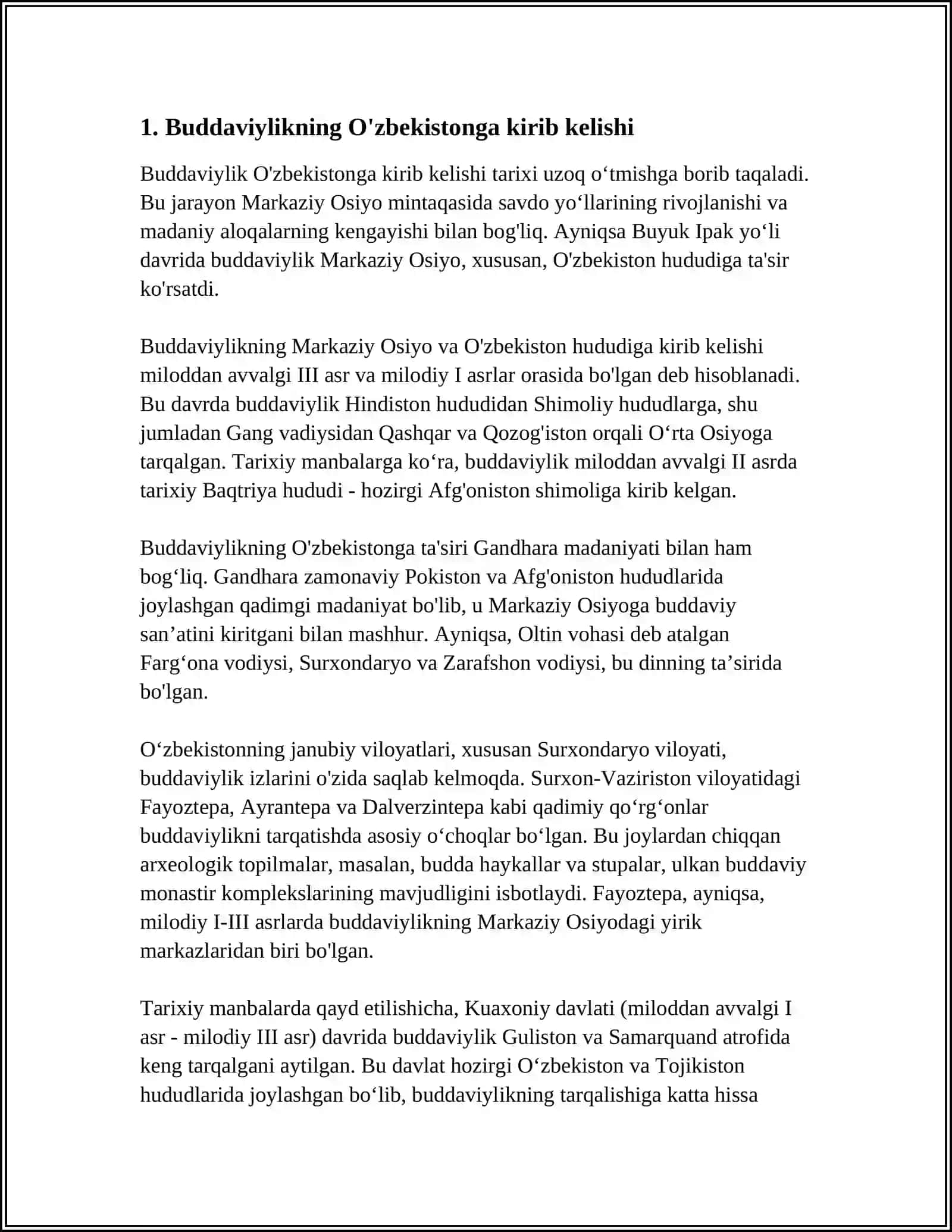 O'ZBEKISTONDA BUDDAVIYLIK DININING TARIXIY ILDIZLARI ( QORATEPA, FAYOZTEPA, DALVARZINTEPA) VA HOZIRGI ZAMON 4