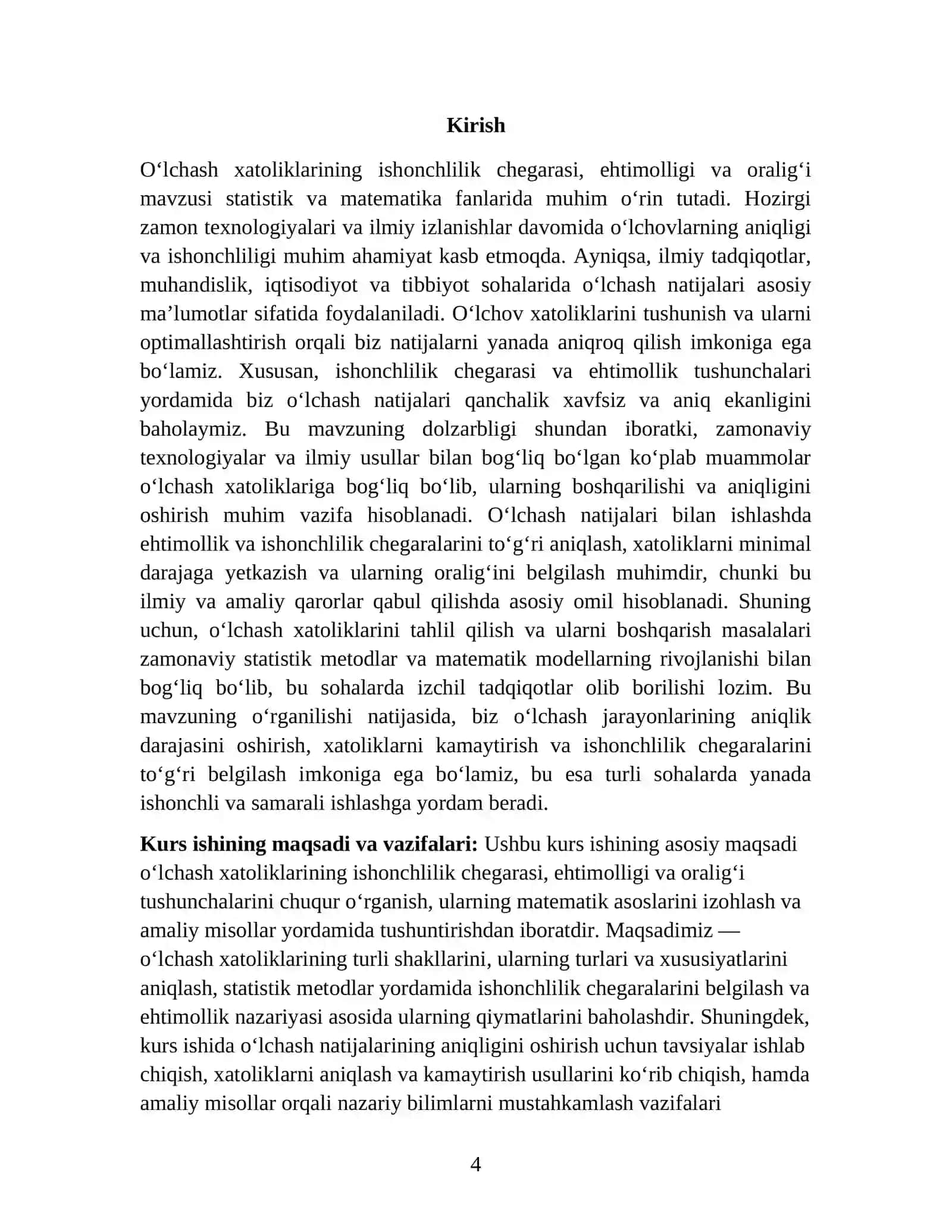 O'LCHASH XATOLIKLARINING ISHONCHLILIK CHEGARASI, EHTIMOLLIGI VA ORALIG'I KURS ISHI 4