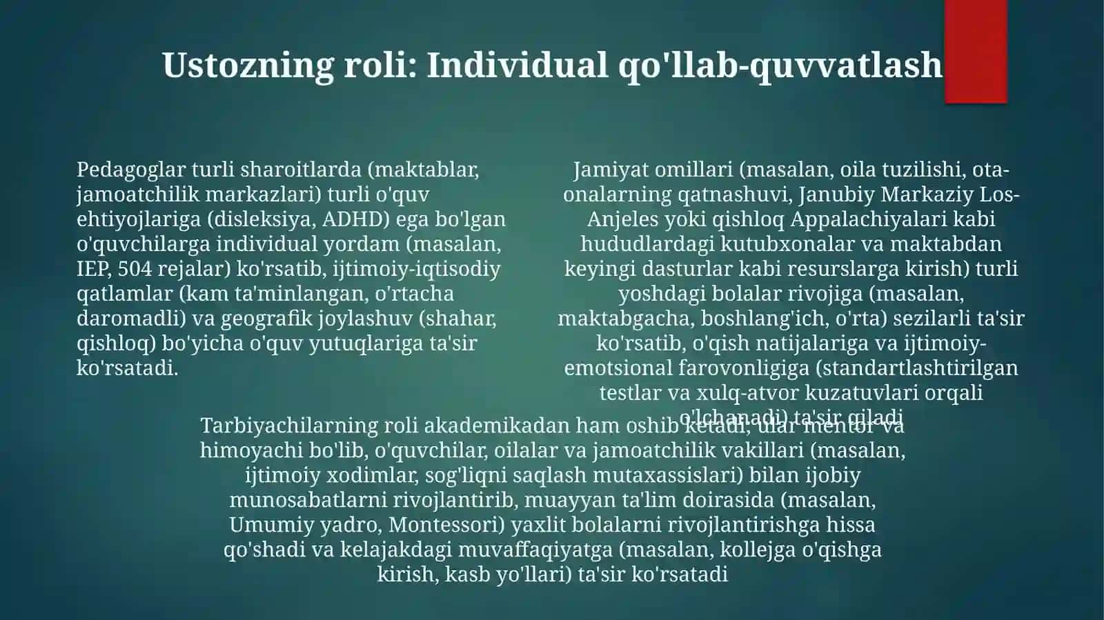Jamoatning shaxs tarbiyasiga ta'siri. Sinf rahbarining tarbiyaviy ishi 4