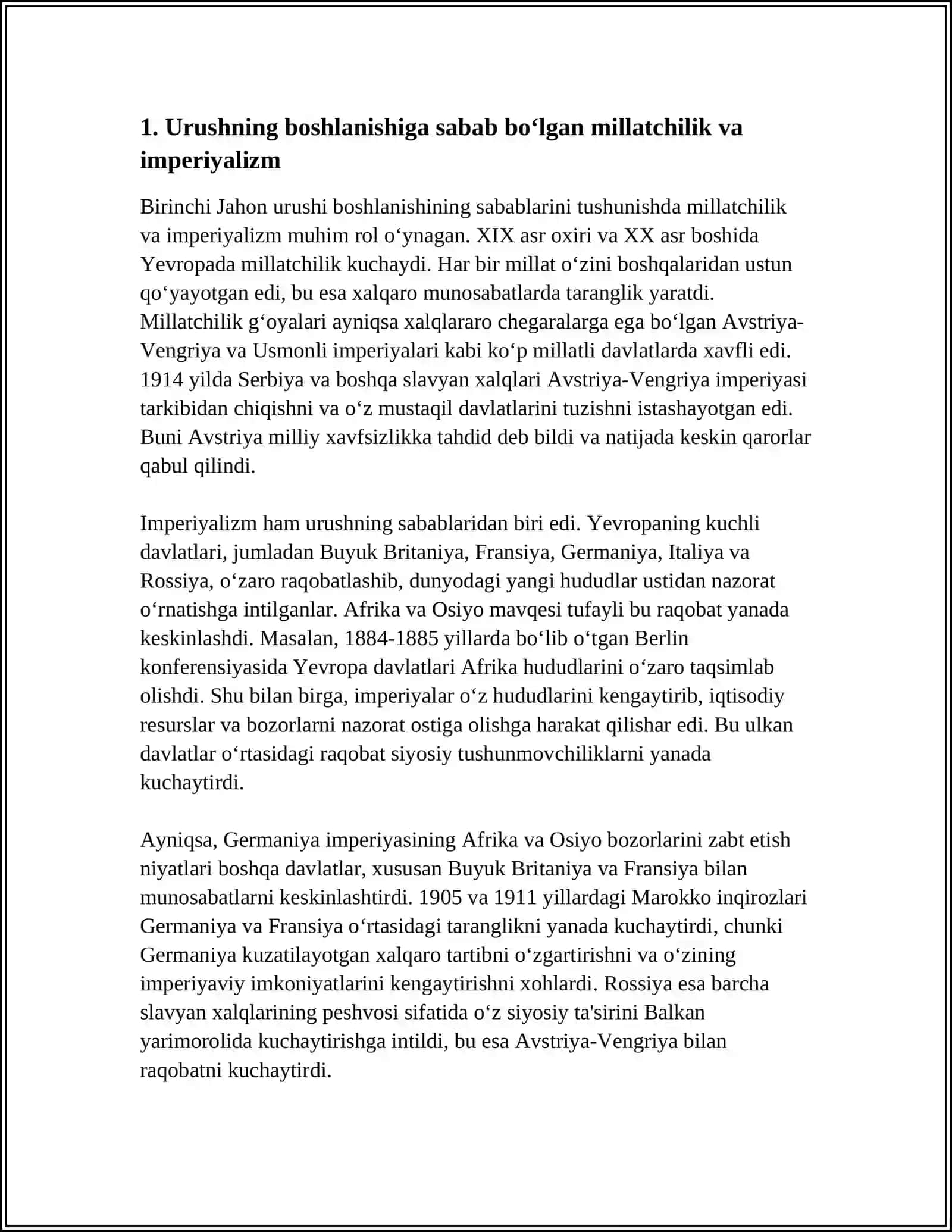 BIRINCHI JAHON URUSHINING BOSHLANISHI SABABLARI VA KAMPANIYALARIDA HARBIY SAN 'ATNI RIVOJLANISHI HAQIDA 4