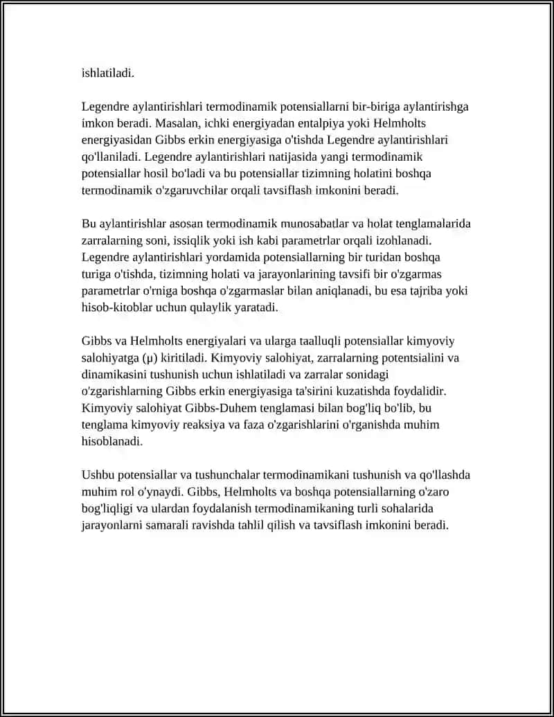 TERMODINAMIK POTENSIALLAR. GIBBS VA HELMGOLTS ENERGIYALARI. KIMYOVIY SALOHIYAT 4