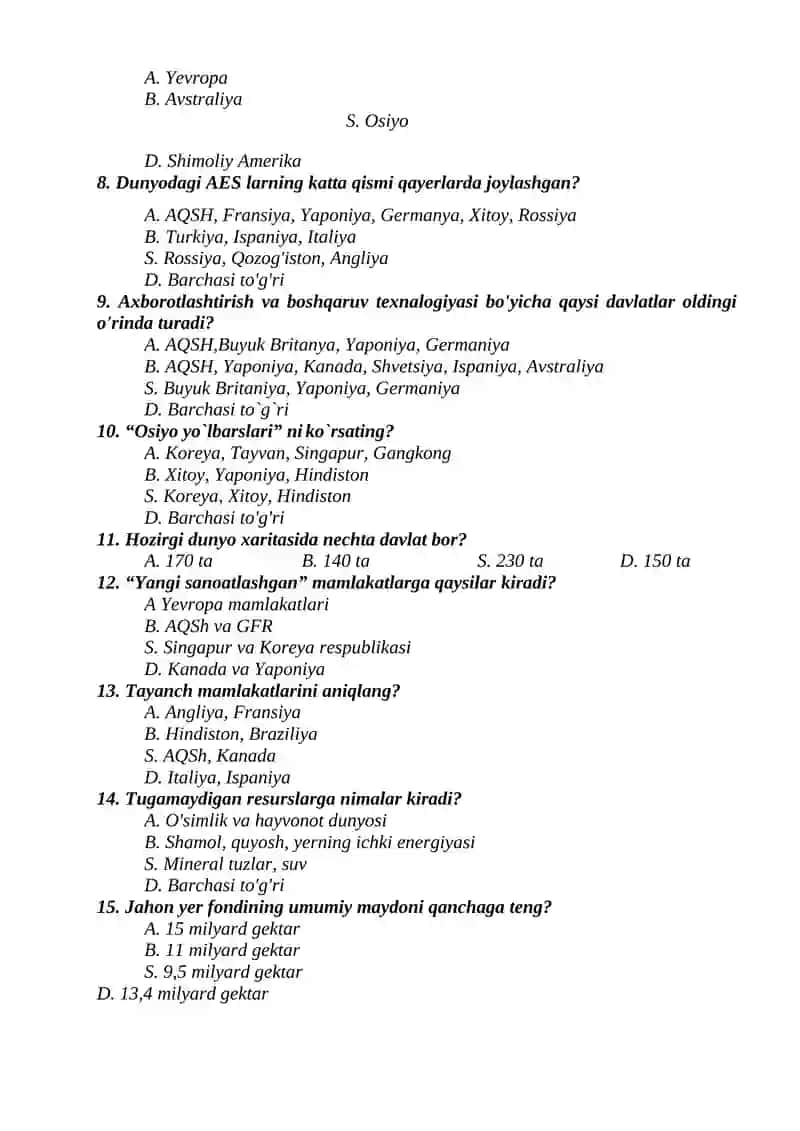 9 – sinflar uchun “Geografiya” fanidan T E S T S A V O L L A R I I – chorak. I – variant. 4