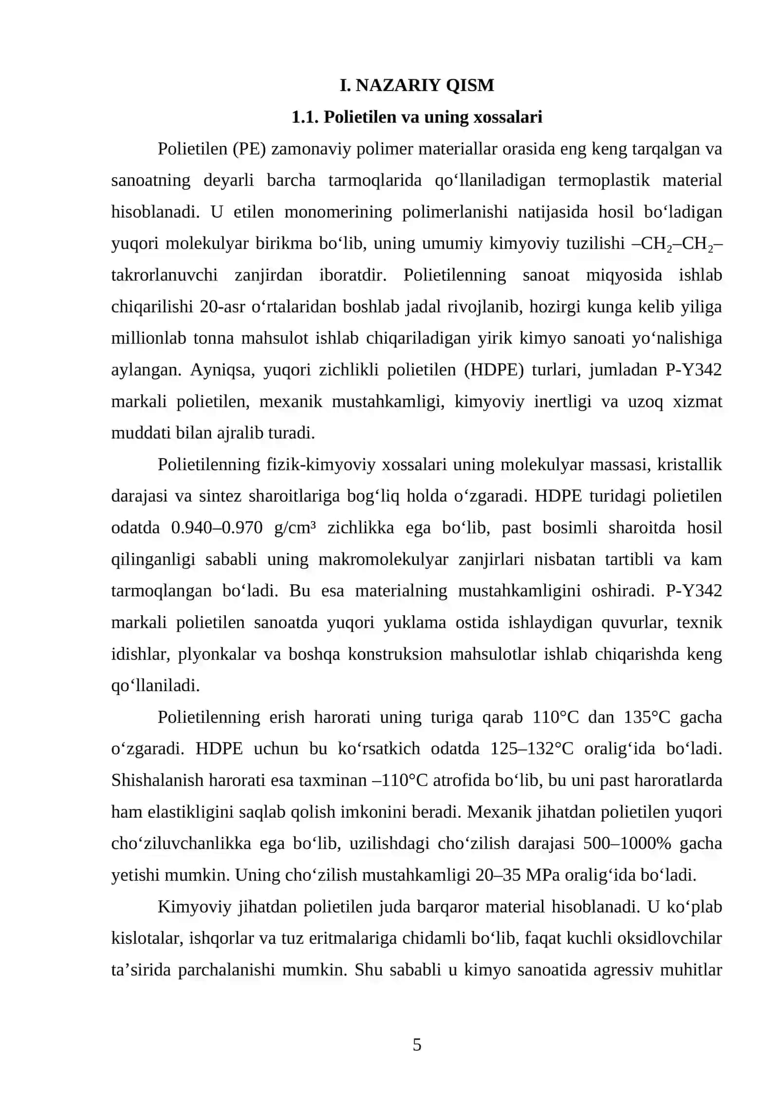 Markasi P-Y342 boʻlgan PE ishlab chiqaradigan texnologik liniyasini loyihalash. Q=79000 t yil 4