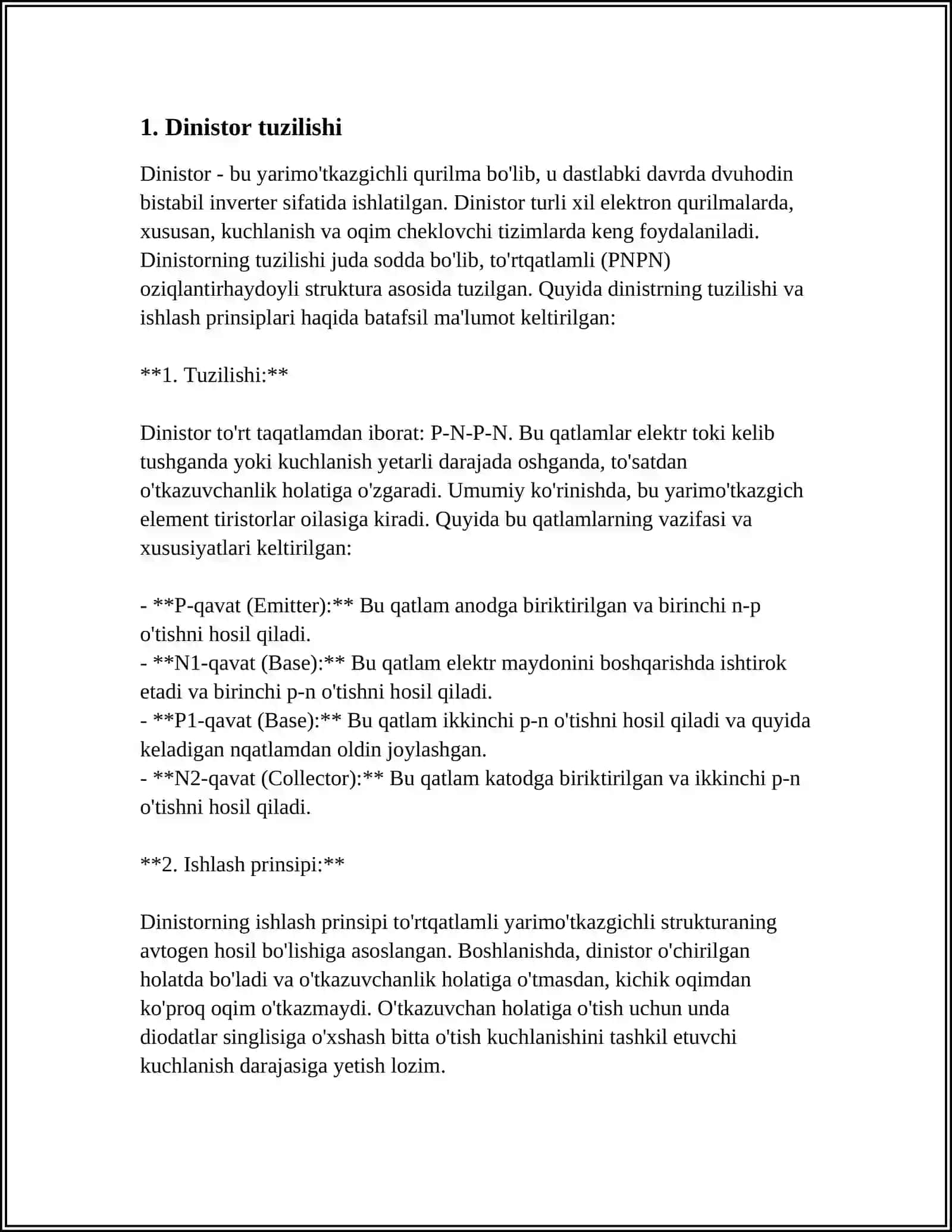 DINISTOR TUZILMASI VA ISHLASH MEXANIZMI. TIRISTOR TUZILMASI VA ISHLASH MEXANIZMI. TIRISTOR - TRANZISTORLI EKVIVALENT SXEMASI 4