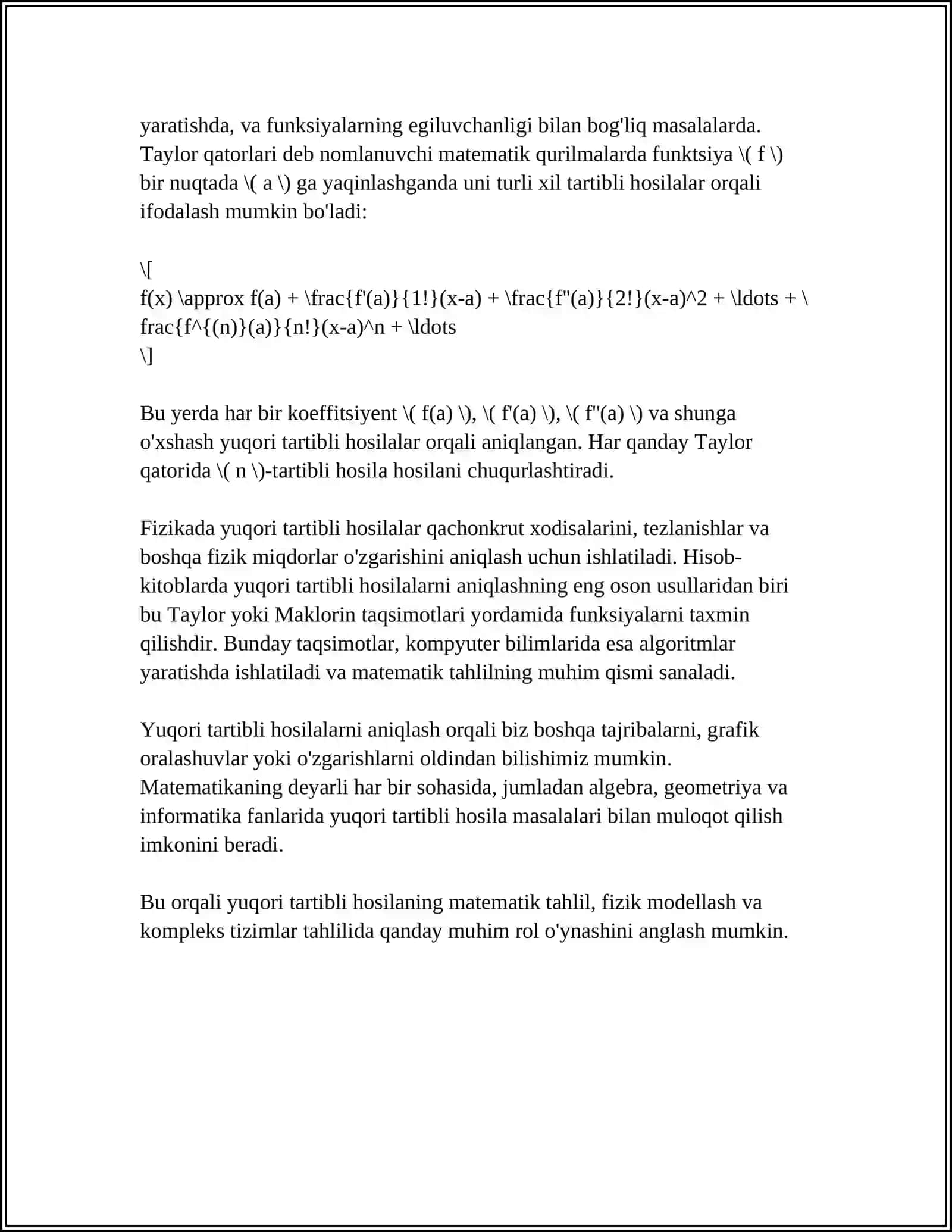 MUSTAQIL ISH Mavzu: YUQORI TARTIBLI HOSILA 4