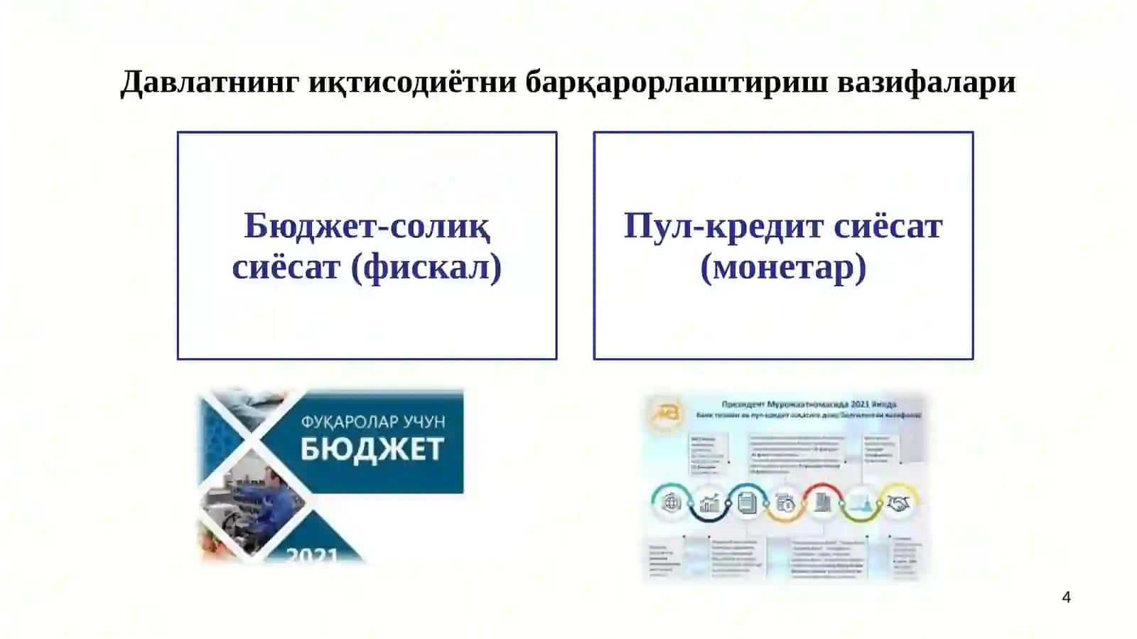 Иқтисодий сиёсат йўналишлари: иқтисодий ўсиш ва барқарорлик 4