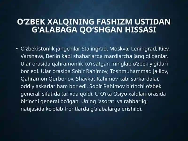 Oʻzbek xalqining fashizm ustidan gʻalabaga qoʻshgan hissasi 4