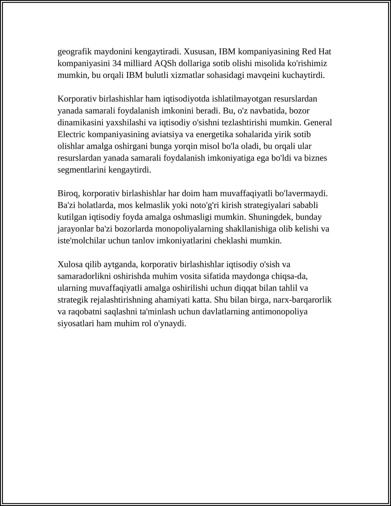 BOZOR IQTISODIYOTI SHAROITIDA KORPORATIV BIRLASHISHLAR VA QO'SHIB OLISHLAR 4