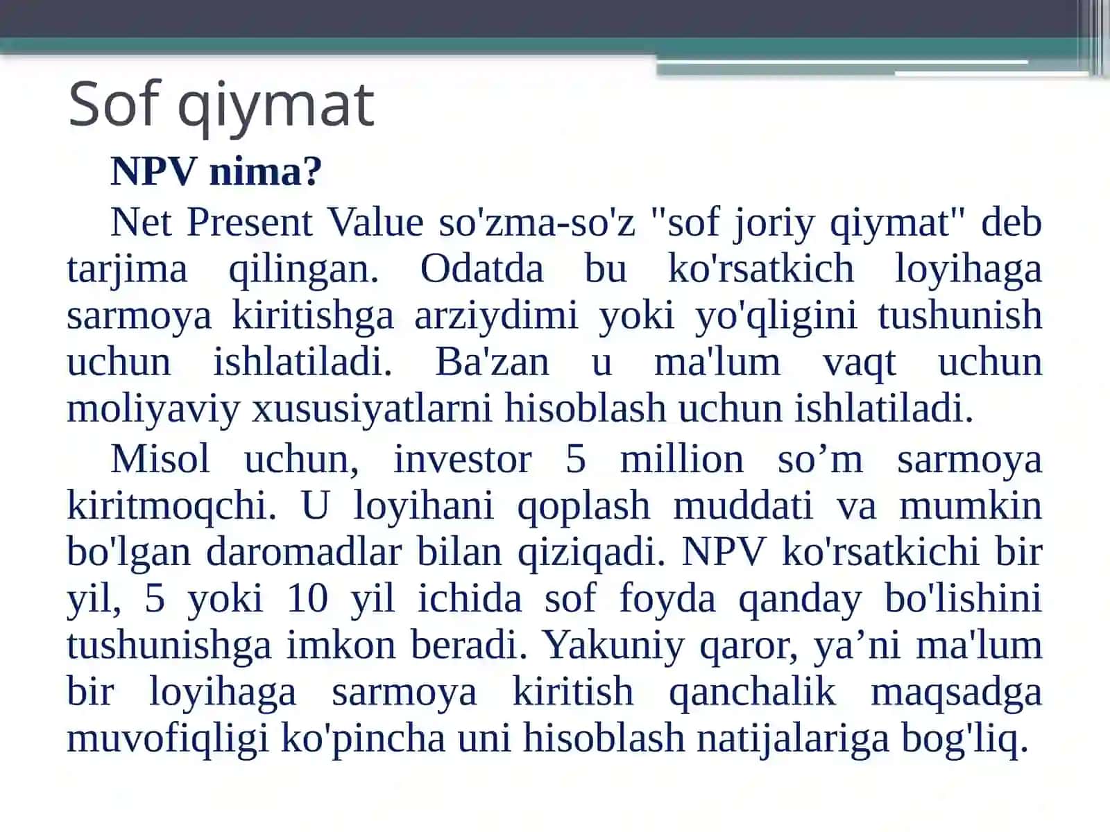Sof joriy qiymat va boshqa investitsiya mezonlari 4