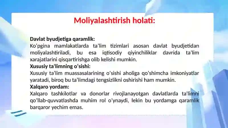 TURLI DARAJALARDA TA’LIMNI MOLIYALASHTIRISH HOLATI VA TENDENSIYALARI 4