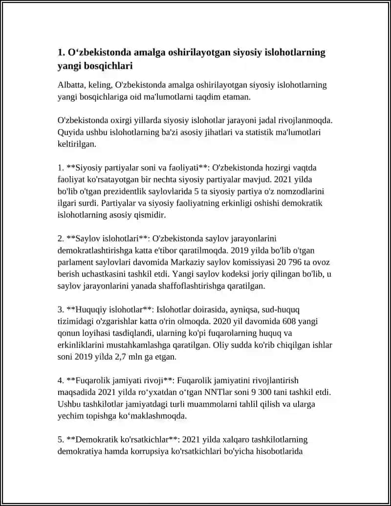 OʻZBEKISTONDA AMALGA OSHIRILAYOTGAN ISLOHOTLARNING YANGI BOSQICHLARI HAQIDA MA’LUMOTLAR TOʻPLASH VA REFERAT TAYYORLASH 4