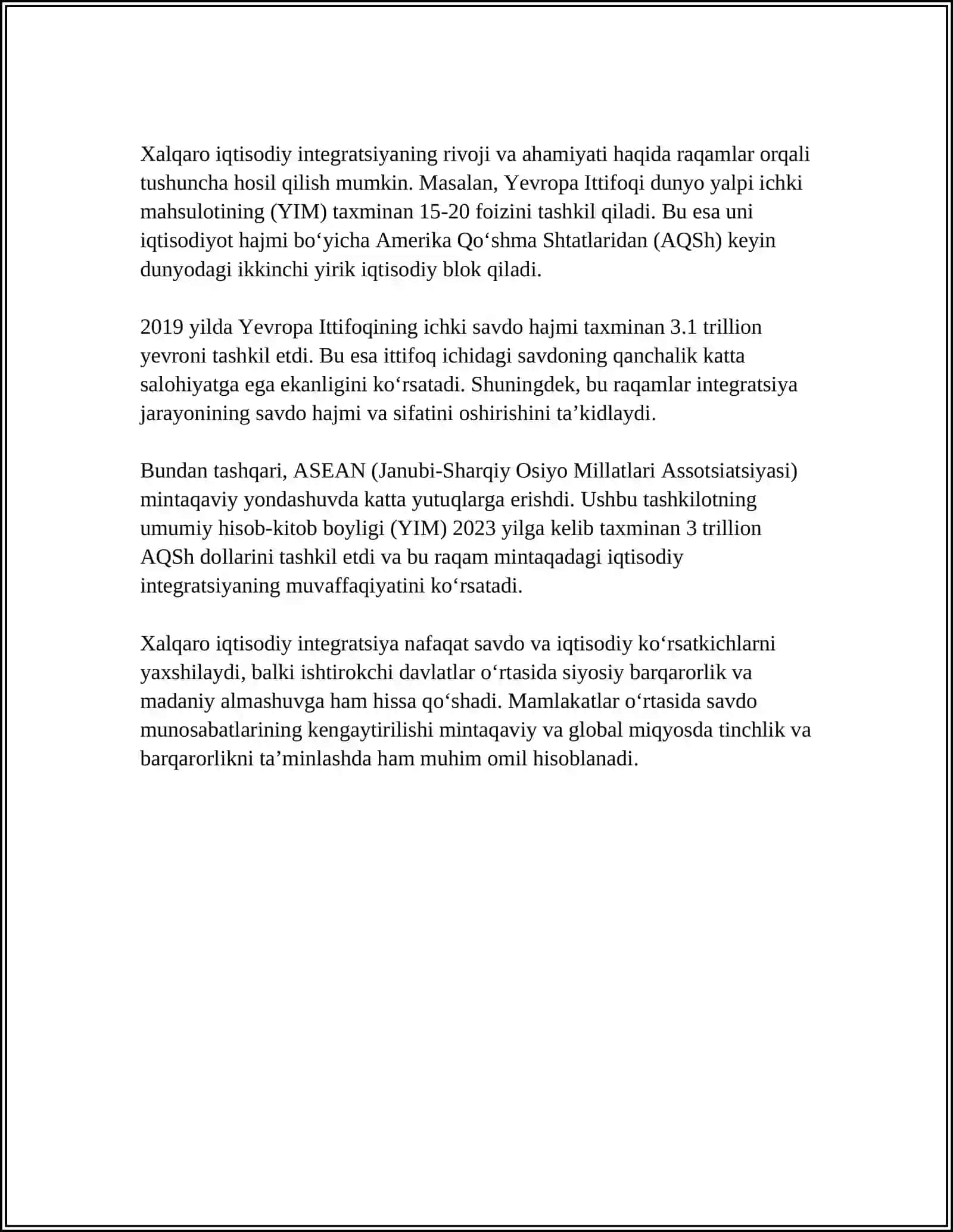 XALQARO IQTISODIY INTEGRATSIYA VA O'ZBEKISTONNING JAHON HAMJAMIYATIGA KIRIB BORISHI 4