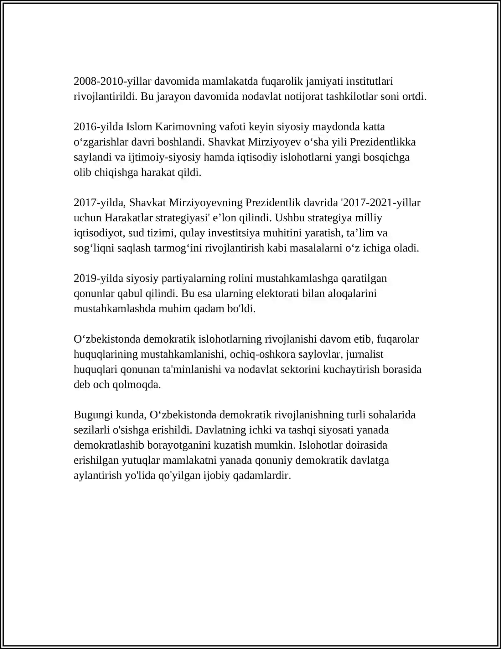 O'ZBEKISTONDA DEMOKRATIK ISLOHOTLARNI YANADA CHUQURLASHTIRISH VA FUQOROLIK JAMIYATINI RIVOJLANTIRISH KONSEPSIYASI.INSON HAQ-HUQUQLARINI TA'MINLASH VA HIMOYA QILISH 4