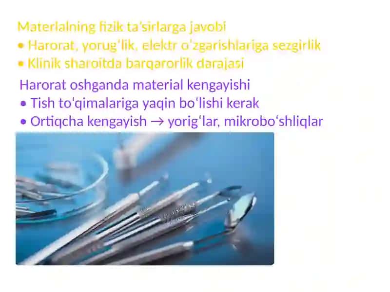 Stomatologik materiallarning fizik va mexanik xossalari. Tishning zichligini aniqlash. Suniy tishlarni tayyorlashds ishlatiladigan materiallarning mexanik xossalari 4