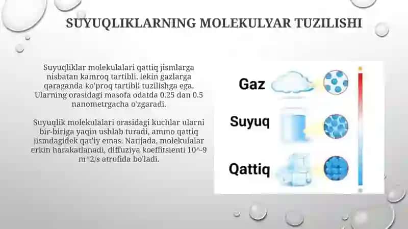 Moddaning agregat holati Suyuqliklarning molekulyar tuzilishi 4